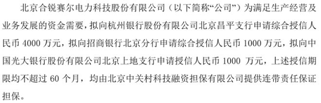 合锐赛尔拟向银行合计申请6000万授信北京中关村科技融资担保有限公司提供连带责任保证担保(图1)